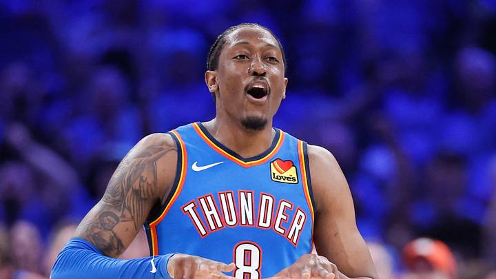 May 18, 2026; Oklahoma City, Oklahoma, USA; Oklahoma City Thunder forward Jalen Williams (8) reacts to a shot by forward Luguentz Dort (5) in the third quarter against San Antonio Spurs during game one of the western conference finals for the 2026 NBA playoffs at Paycom Center. Mandatory Credit: Alonzo Adams-Imagn Images May 18, 2026; Oklahoma City, Oklahoma, USA; Oklahoma City Thunder forward Jalen Williams (8) reacts to a shot by forward Luguentz Dort (5) in the third quarter against San Antonio Spurs during game one of the western conference finals for the 2026 NBA playoffs at Paycom Center. Mandatory Credit: Alonzo Adams-Imagn Images