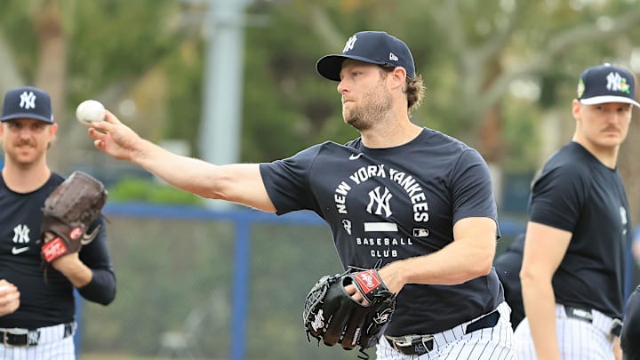 Feb 12, 2026; Tampa, FL, USA;  New York Yankees pitcher Gerrit Cole (45) works out during spring training workouts at George M. Steinbrenner Field. Mandatory Credit: Kim Klement Neitzel-Imagn Images
