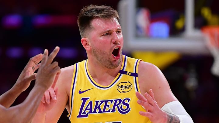 Apr 3, 2025; Los Angeles, California, USA; Los Angeles Lakers guard Luka Doncic (77) reacts to a call during the second half at Crypto.com Arena. Mandatory Credit: Gary A. Vasquez-Imagn Images