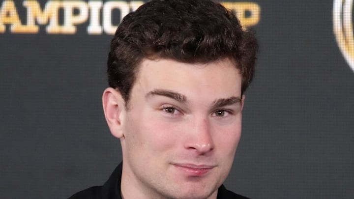 Jan 20, 2026; Miami, FL, USA; Indiana Hoosiers quarterback Fernando Mendoza during the CFP Champions press conference at Marriott Marquis Miami. Mandatory Credit: Kirby Lee-Imagn Images
