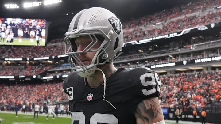 Dec 7, 2025; Paradise, Nevada, USA;  Las Vegas Raiders defensive end Maxx Crosby (98) on the field prior to a game against the Denver Broncos at Allegiant Stadium. Mandatory Credit: Kirby Lee-Imagn Images