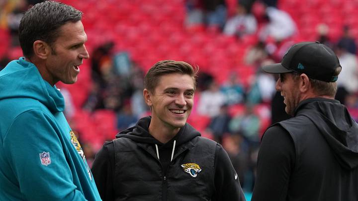 Oct 18, 2026; London, United Kingdom; Jacksonville Jaguars executive vice president of football operations Tony Boselli (left), general manager James Gladstone (center) and head coach Liam Coen during the 2026 NFL London Games against the Houston Texans at Wembley Stadium. 