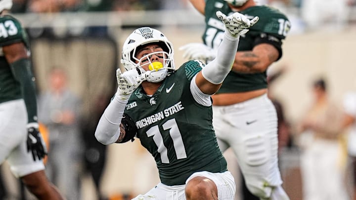 Michigan State edge Anelu Lafaele (11) celebrates a tackles against Western Michigan during the first half at Spartan Stadium in East Lansing on Friday, August 29, 2025.