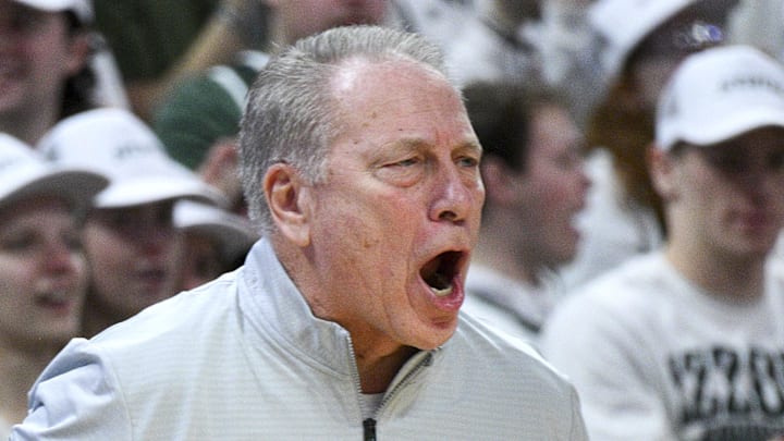 Jan 24, 2026; East Lansing, Michigan, USA;  Michigan State Spartans head coach Tom Izzo reacts during the first half against the Maryland Terrapins at Jack Breslin Student Events Center.