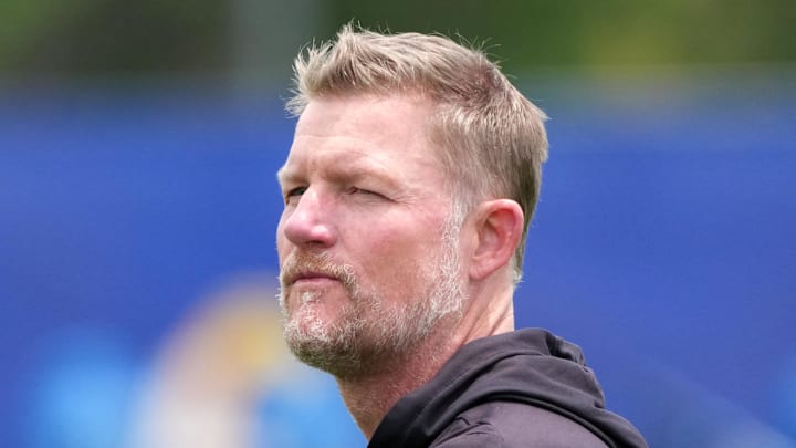 Jun 3, 2025; Woodland Hills, CA, USA; Los Angeles Rams general manager Les Snead during organized team activities at Rams Practice Facility. Mandatory Credit: Kirby Lee-Imagn Images