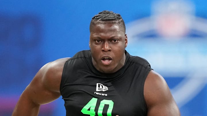 Mar 1, 2026; Indianapolis, IN, USA; Oregon offensive lineman Emmanuel Pregnon (OL40) during the NFL Scouting Combine at Lucas Oil Stadium. 