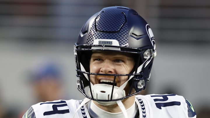 Seattle Seahawks quarterback Sam Darnold reacts during the first half at Levi's Stadium.