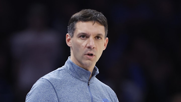 Dec 28, 2025; Oklahoma City, Oklahoma, USA; Oklahoma City Thunder head coach Mark Daigneault watches his team play against the Philadelphia 76ers during the second half at Paycom Center. Mandatory Credit: Alonzo Adams-Imagn Images