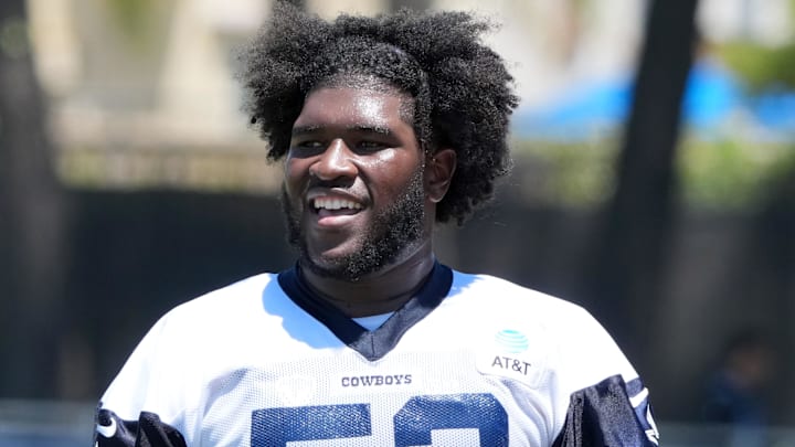 Jul 26, 2025; Oxnard, CA, USA; Dallas Cowboys guard Tyler Booker (52) at training camp at the River Ridge Fields. Mandatory Credit: Kirby Lee-Imagn Images
