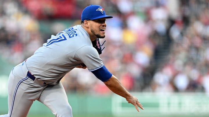 Jun 27, 2025; Boston, Massachusetts, USA; Toronto Blue Jays starting pitcher Jose Berrios (17) pitches against the Boston Red Sox during the first inning at Fenway Park. 