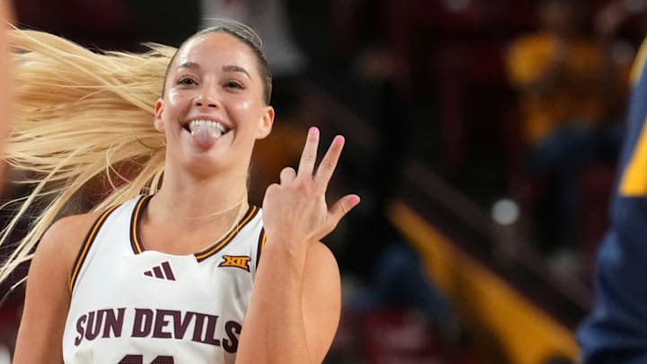 ASU Sun Devils guard Marley Washenitz (11) celebrates her made 3-point shot against the Coppin State Bald Eagles at Desert Financial Arena on Nov. 3, 2025. ASU Sun Devils guard Marley Washenitz (11) celebrates her made 3-point shot against the Coppin State Bald Eagles at Desert Financial Arena on Nov. 3, 2025.