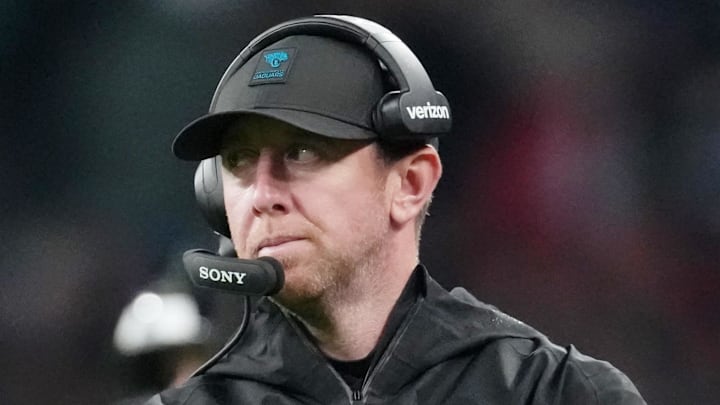 Oct 19, 2025; London, United Kingdom; Jacksonville Jaguars head coach Liam Coen looks on during the second half of an NFL International Series game at Wembley Stadium. Mandatory Credit: Kirby Lee-Imagn Images