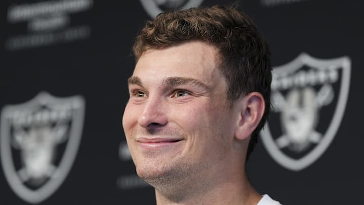 May 2, 2026; Henderson, NV, USA;  Las Vegas Raiders quarterback Fernando Mendoza (15) speaks during a news conference at the team’s Rookie Minicamp at Intermountain Health Performance Center. Mandatory Credit: Candice Ward-Imagn Images