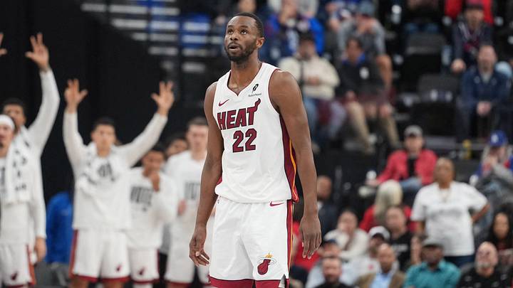 Miami Heat forward Andrew Wiggins (22) reacts (Mandatory Credit: Kirby Lee-Imagn Images)