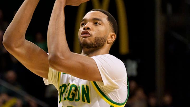 Oregon forward Kwame Evans Jr. shoots free throws to seal the Ducks win as the Oregon Ducks host the Washington Huskies on March 7, 2026, at Matthew Knight Arena in Eugene, Oregon.