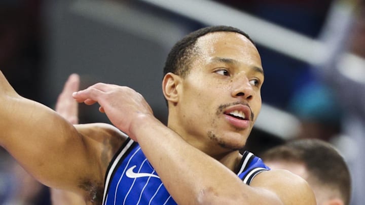 Orlando Magic guard Desmond Bane reacts after making a three-point basket against the Toronto Raptors.
