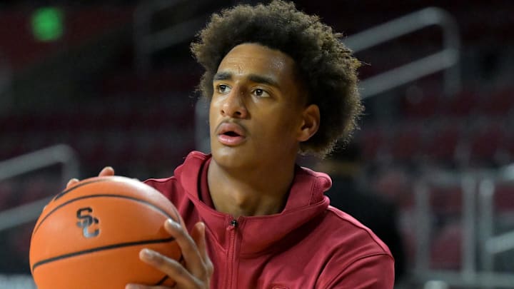 Dec 21, 2025; Los Angeles, California, USA; USC Trojans guard Alijah Arenas (0) warms up prior to the game against the UC Santa Cruz Banana Slugs at Galen Center. Mandatory Credit: Jayne Kamin-Oncea-Imagn Images