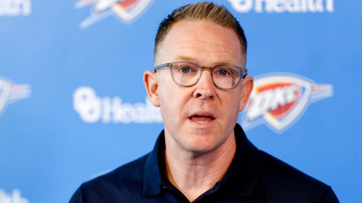 Sam Presti speaks to the press in Oklahoma City, on Tuesday, May 28, 2024.