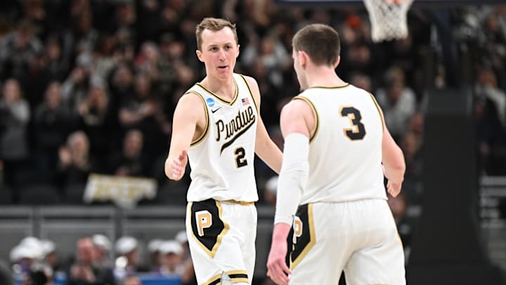 Purdue Boilermakers guards Fletcher Loyer (2) and Braden Smith (3) celebrate Purdue Boilermakers guards Fletcher Loyer (2) and Braden Smith (3) celebrate