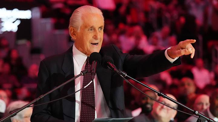 Miami Heat president Pat Riley addresses (Mandatory Credit: Jim Rassol-Imagn Images)