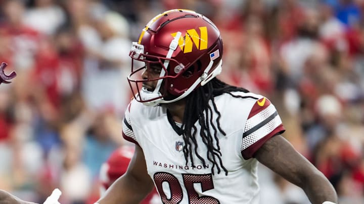 Sep 29, 2024; Glendale, Arizona, USA; Washington Commanders wide receiver Terry McLaurin (17) celebrates a touchdown with Noah Brown (85) against the Arizona Cardinals in the second half at State Farm Stadium. Mandatory Credit: Mark J. Rebilas-Imagn Images Sep 29, 2024; Glendale, Arizona, USA; Washington Commanders wide receiver Terry McLaurin (17) celebrates a touchdown with Noah Brown (85) against the Arizona Cardinals in the second half at State Farm Stadium. Mandatory Credit: Mark J. Rebilas-Imagn Images