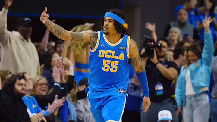 Mar 8, 2025; Los Angeles, California, USA; UCLA Bruins guard Skyy Clark (55) gestures after a three-point basket against the Southern California Trojans in the first half at Pauley Pavilion presented by Wescom. Mandatory Credit: Kirby Lee-Imagn Images