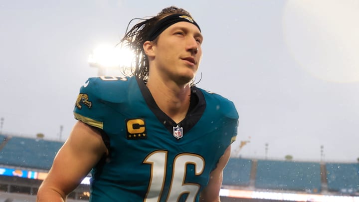 Jacksonville Jaguars quarterback Trevor Lawrence (16) runs off the field after the game of an NFL football game at EverBank Stadium, Sunday, Dec. 7, 2025, in Jacksonville, Fla. The Jaguars defeated the Colts 36-19.