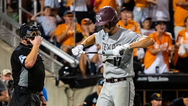 Jun 24, 2024; Omaha, NE, USA; Texas A&M Aggies right fielder Jace Laviolette (17) reacts after striking out against the Tennessee Volunteers during the ninth inning at Charles Schwab Field Omaha. Mandatory Credit: Dylan Widger-Imagn Images