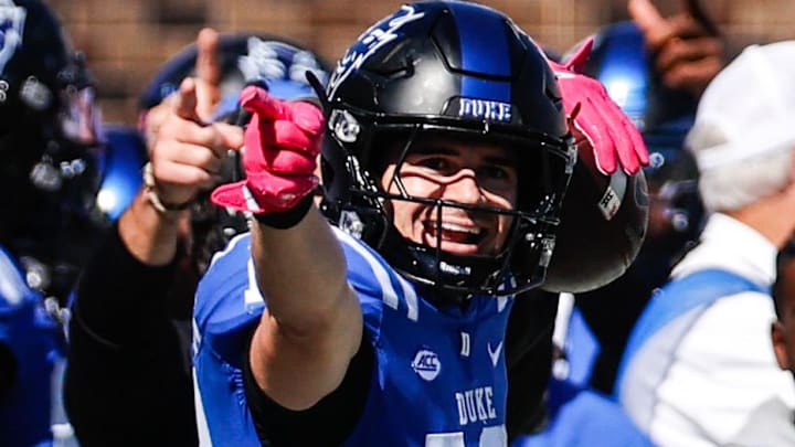 Oct 18, 2025; Durham, North Carolina, USA; Duke Blue Devils wide receiver Cooper Barkate (18) celebrates a down during the first half of the game against Georgia Tech Yellow Jackets at Wallace Wade Stadium. Mandatory Credit: Jaylynn Nash-Imagn Images Oct 18, 2025; Durham, North Carolina, USA; Duke Blue Devils wide receiver Cooper Barkate (18) celebrates a down during the first half of the game against Georgia Tech Yellow Jackets at Wallace Wade Stadium. Mandatory Credit: Jaylynn Nash-Imagn Images
