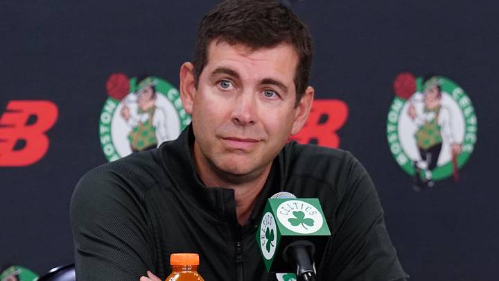 Sep 29, 2025; Boston, MA, USA; Boston Celtics president of basketball operations Brad Stevens talks to reporters during media day at the Auerbach Center. Mandatory Credit: David Butler II-Imagn Images