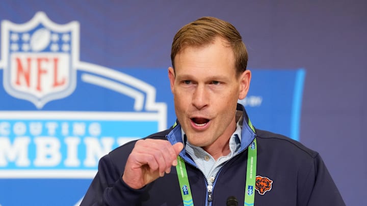 Feb 24, 2026; Indianapolis, IN, USA; Chicago Bears coach Ben Johnson speaks at the NFL Scouting Combine at the Indiana Convention Center. Mandatory Credit: Kirby Lee-Imagn Images