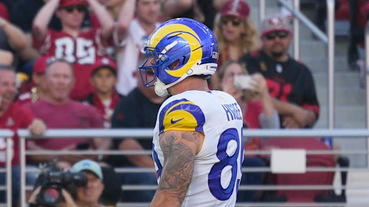Nov 9, 2025; Santa Clara, California, USA; Los Angeles Rams wide receiver Puka Nacua (12) celebrates with Los Angeles Rams tight end Tyler Higbee (89) after a touchdown during the first quarter against the San Francisco 49ers at Levi's Stadium. Mandatory Credit: Kyle Terada-Imagn Images Nov 9, 2025; Santa Clara, California, USA; Los Angeles Rams wide receiver Puka Nacua (12) celebrates with Los Angeles Rams tight end Tyler Higbee (89) after a touchdown during the first quarter against the San Francisco 49ers at Levi's Stadium. Mandatory Credit: Kyle Terada-Imagn Images