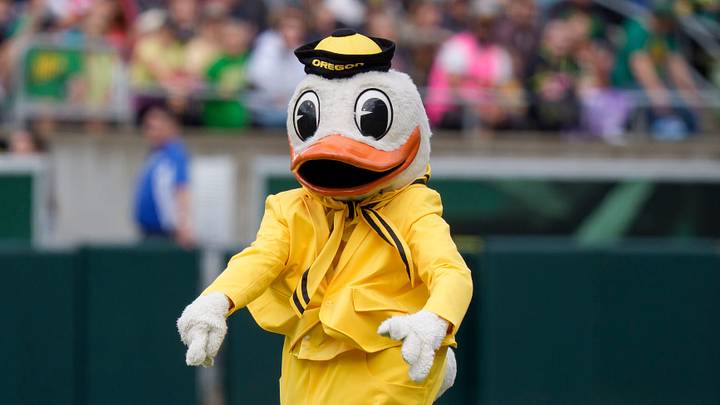 The Oregon Duck competes in a duck race as the Savannah Bananas visit Autzen Stadium in Eugene, Oregon on June 27, 2026. 