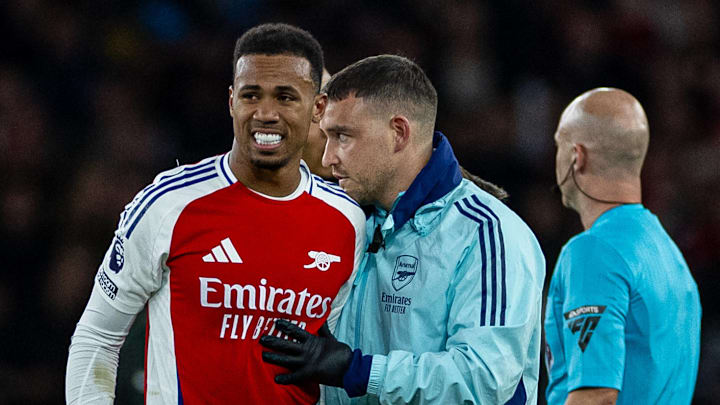 Gabriel (left) couldn't continue against Liverpool last time out in the Premier League after a Darwin Núñez tackle. Gabriel (left) couldn't continue against Liverpool last time out in the Premier League after a Darwin Núñez tackle.