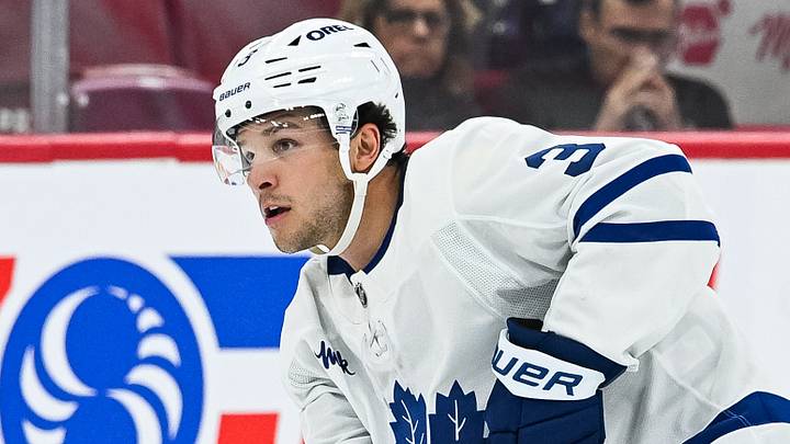 Sep 19, 2026; Montreal, Quebec, CAN; Toronto Maple Leafs defenseman Nick Blankenburg (3) plays the puck against the Montreal Canadiens during the third period at Bell Centre. Mandatory Credit: David Kirouac-Imagn Images