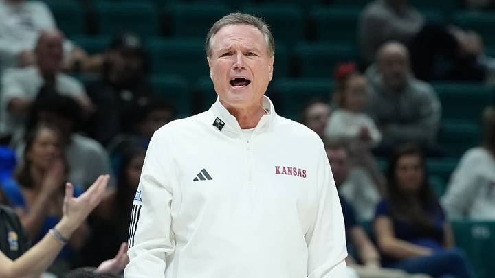 Nov 26, 2025; Las Vegas, NV, USA; Kansas Jayhawks head coach Bill Self reacts in the first half against the Tennessee Volunteers in the 2025 Players Era Festival third place game at MGM Grand Garden Arena. Mandatory Credit: Kirby Lee-Imagn Images