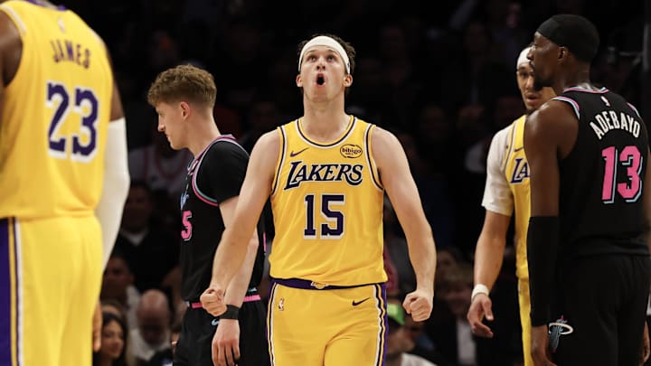 Mar 19, 2026; Miami, Florida, USA; Los Angeles Lakers guard Austin Reaves (15) reacts against the Miami Heat during the second half at Kaseya Center. Mandatory Credit: Isabella Frias-Imagn Images Mar 19, 2026; Miami, Florida, USA; Los Angeles Lakers guard Austin Reaves (15) reacts against the Miami Heat during the second half at Kaseya Center. Mandatory Credit: Isabella Frias-Imagn Images
