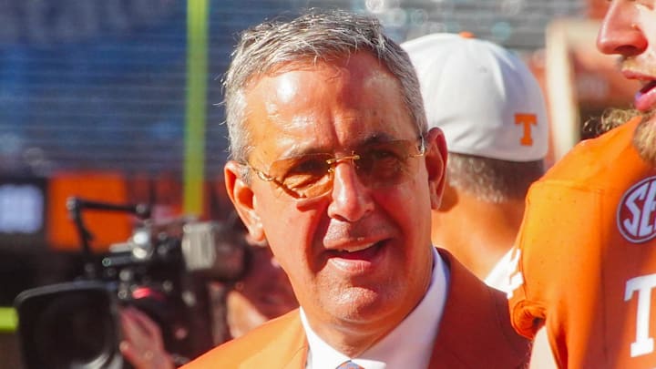 Aug 31, 2024; Austin, Texas, USA; Texas Longhorns athletic director Chris Del Conte and lineman Hayden Conner (77) after defeating the Colorado State Rams at Darrell K Royal-Texas Memorial Stadium. Mandatory Credit: Aaron Meullion-Imagn Images