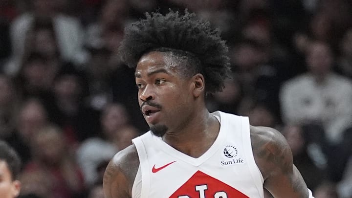 Toronto Raptors guard Jamal Shead dribbles the ball up court against the Orlando Magic.