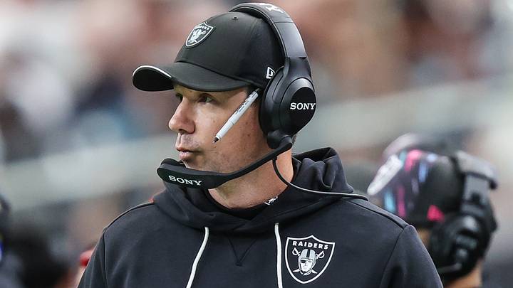 Oct 18, 2026; Paradise, Nevada, USA;  Las Vegas Raiders head coach Klint Kubiak on the sidelines during the game against the Buffalo Bills during the second quarter at Allegiant Stadium.  Mandatory Credit: Christopher Trim-Imagn Images