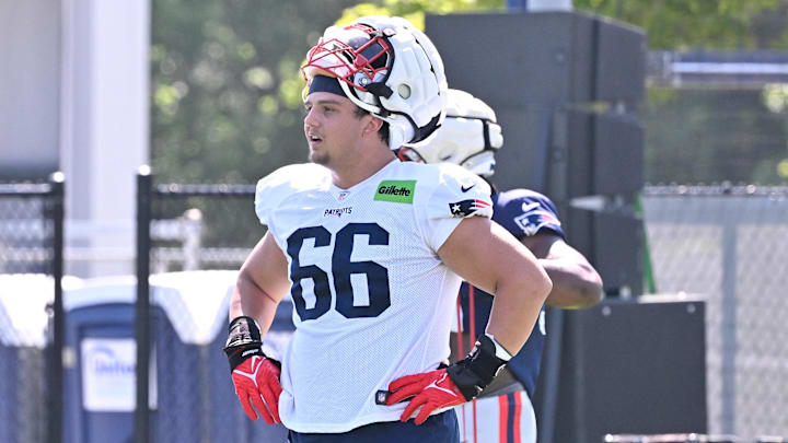 Jul 28, 2025; Foxborough, MA, USA; New England Patriots offensive tackle Will Campbell (66) takes a break during warm-ups  at training camp at Gillette Stadium. Mandatory Credit: Eric Canha-Imagn Images