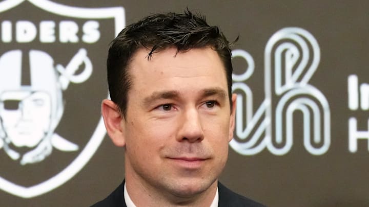 Feb 10, 2026; Henderson, NV, USA; Las Vegas Raiders coach Klint Kubiak speaks at introductory press conference at Intermountain Health Performance Center. Mandatory Credit: Kirby Lee-Imagn Images