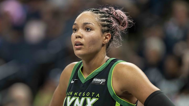 Sep 14, 2025; Minneapolis, Minnesota, USA; Minnesota Lynx forward Napheesa Collier (24) looks on against the Golden State Valkyries in the second half during game one of round one for the 2025 WNBA Playoffs at Target Center. Mandatory Credit: Jesse Johnson-Imagn Images