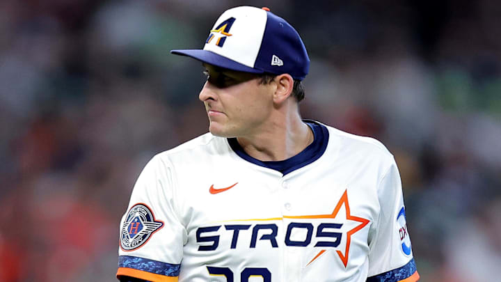 Apr 13, 2025; Houston, Texas, USA; Houston Astros starting pitcher Hayden Wesneski (39) reacts after a strike out against the Los Angeles Angels during the sixth inning at Daikin Park