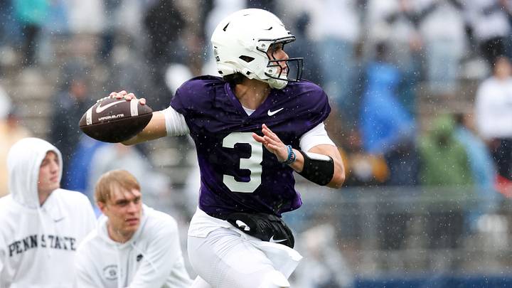 Apr 25, 2026; University Park, PA, USA; Penn State Nittany Lions quarterback Rocco Becht (3) looks to throw a pass on the run during the Penn State Blue-White Spring game at Beaver Stadium. Mandatory Credit: Matthew O'Haren-Imagn Images Apr 25, 2026; University Park, PA, USA; Penn State Nittany Lions quarterback Rocco Becht (3) looks to throw a pass on the run during the Penn State Blue-White Spring game at Beaver Stadium. Mandatory Credit: Matthew O'Haren-Imagn Images