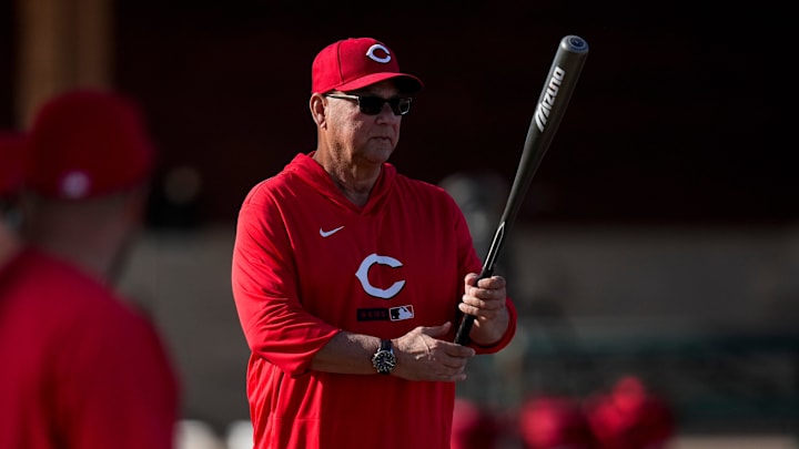 Cincinnati Reds manager Terry Francona (77) looks on during warm ups at the Cincinnati Reds player development complex in Goodyear, Ariz., on Thursday, Feb. 12, 2026. Cincinnati Reds manager Terry Francona (77) looks on during warm ups at the Cincinnati Reds player development complex in Goodyear, Ariz., on Thursday, Feb. 12, 2026.
