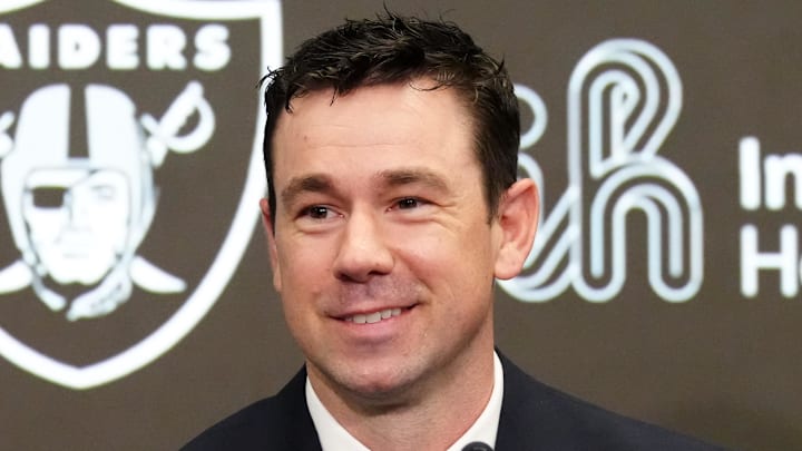 Feb 10, 2026; Henderson, NV, USA; Las Vegas Raiders coach Klint Kubiak speaks at introductory press conference at Intermountain Health Performance Center. Mandatory Credit: Kirby Lee-Imagn Images