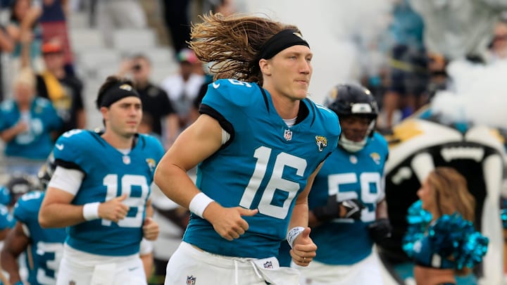 Jacksonville Jaguars quarterback Trevor Lawrence (16) runs on the field before an NFL preseason matchup against the Pittsburgh Steelers of an NFL preseason matchup at EverBank Stadium, Saturday, Aug. 9, 2025 in Jacksonville, Fla. [Corey Perrine/Florida Times-Union]