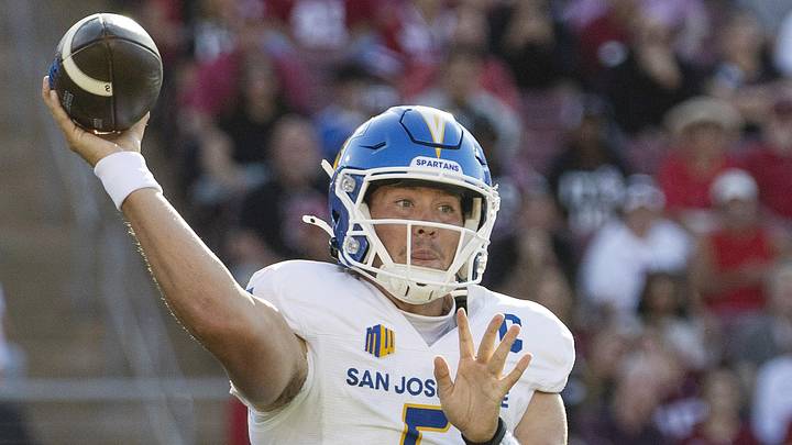 Sep 27, 2025; Stanford, California, USA; San Jose State Spartans quarterback Walker Eget (5) throws the football during the first quarter against the Stanford Cardinal at Stanford Stadium. Mandatory Credit: Stan Szeto-Imagn Images
Sep 27, 2025; Stanford, California, USA; San Jose State Spartans quarterback Walker Eget (5) throws the football during the first quarter against the Stanford Cardinal at Stanford Stadium. Mandatory Credit: Stan Szeto-Imagn Images
