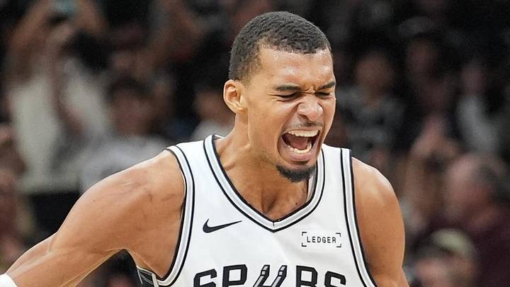 May 24, 2026; San Antonio, Texas, USA; San Antonio Spurs center Victor Wembanyama (1) reacts in the first quarter against the Oklahoma City Thunder during game four of the western conference finals for the 2026 NBA playoffs at Frost Bank Center. Mandatory Credit: Daniel Dunn-Imagn Images